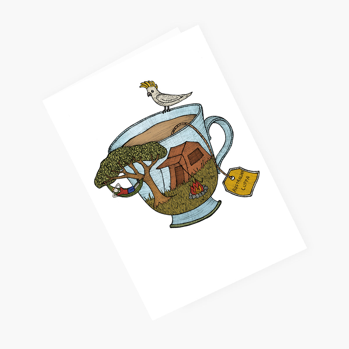Teacup Camping Cockatoo - Australian Greeting Card
