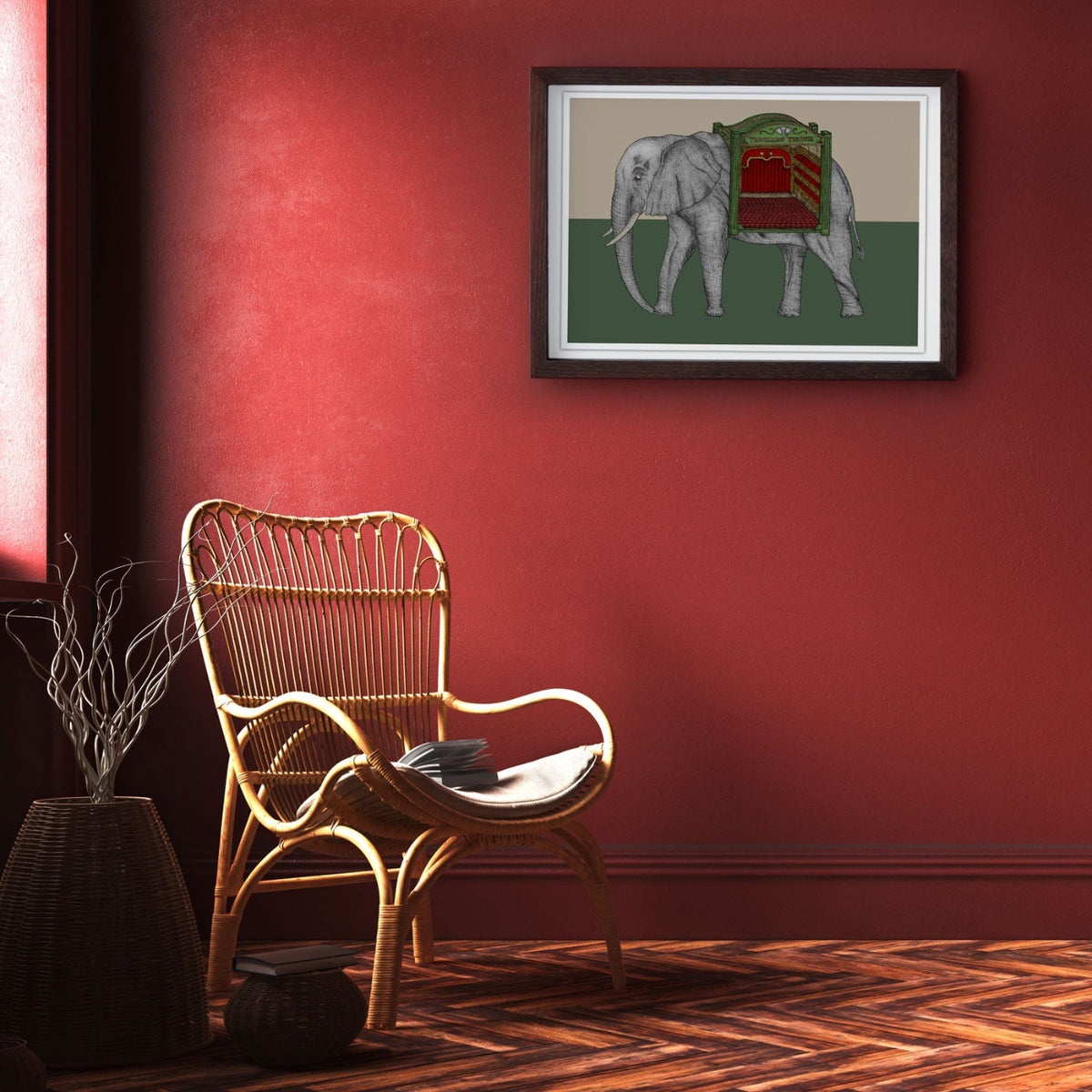 Styled room with an artwork of an elephant on a read wall.