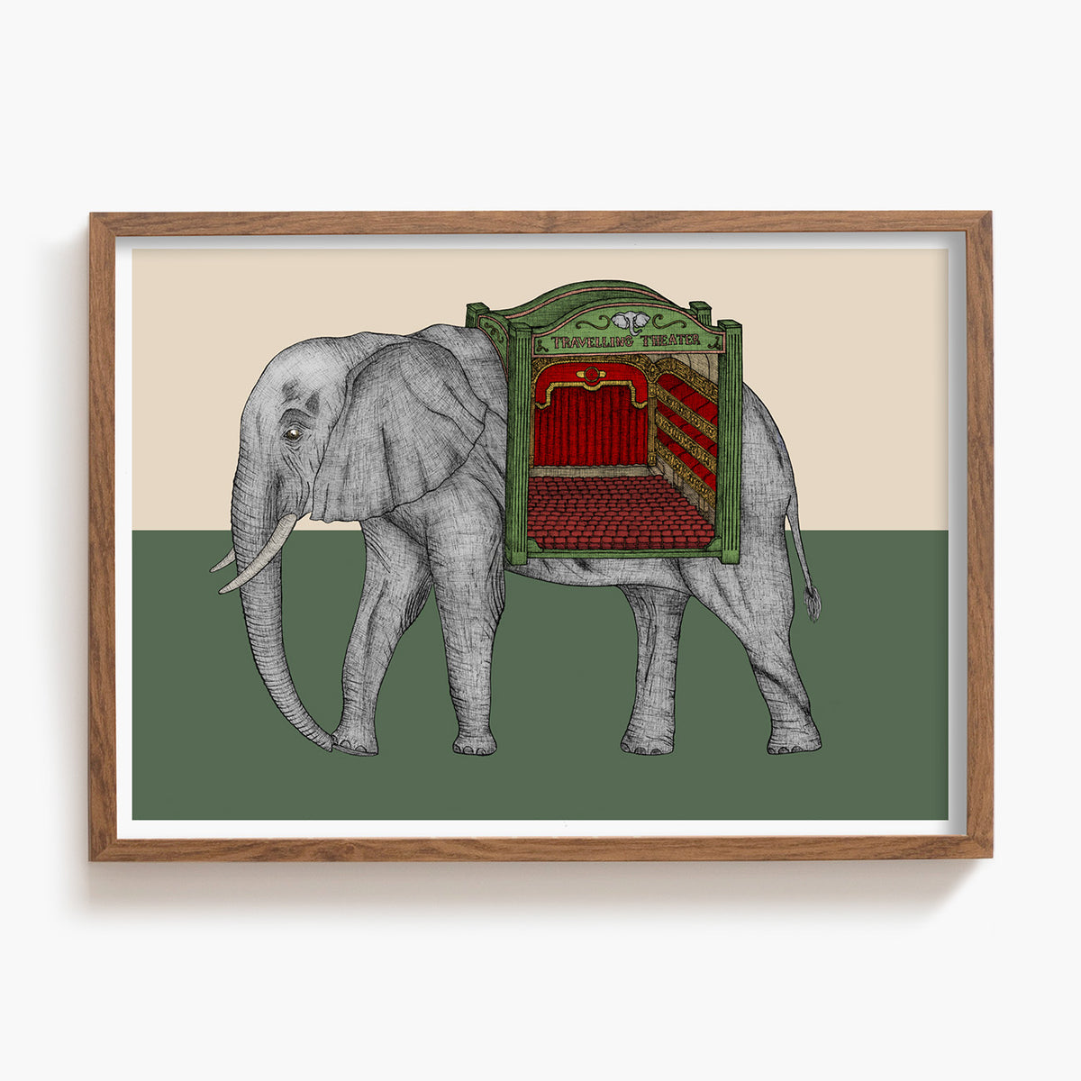 Illustration of an elephant with a theater inside, framed on a beige and green background