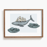 Framed artwork of a whale with a ship on its back, surrounded by clouds of water, on a white background.
