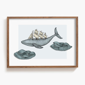 Framed artwork of a whale with a ship on its back, surrounded by clouds of water, on a white background.