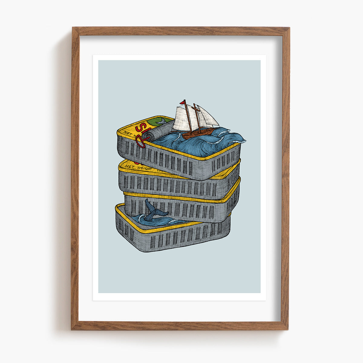 Framed artwork of a stack of sardine cans with a sailboat on top against a light blue background
