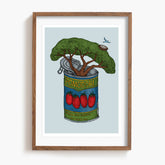 Framed artwork of a tomato can labeled 'Pomodori' with a tree growing out of it on a light blue background.