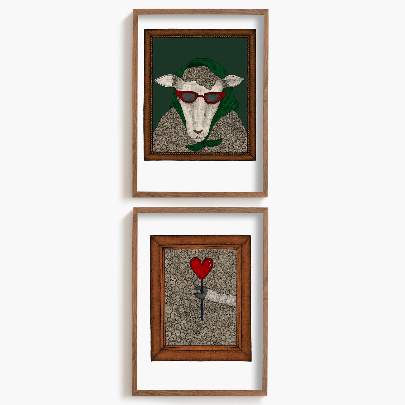 Two framed artworks with a stylish sheep on a white background