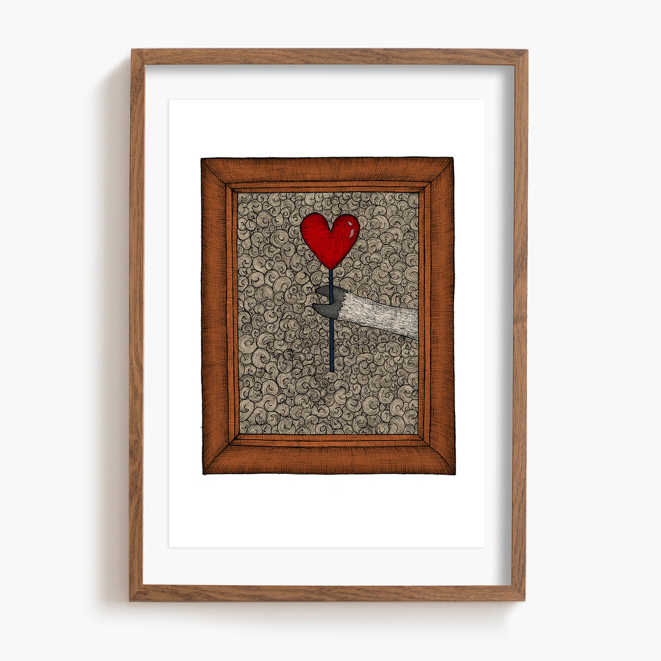 Framed artwork of a sheeps body with a red heart lollypop.