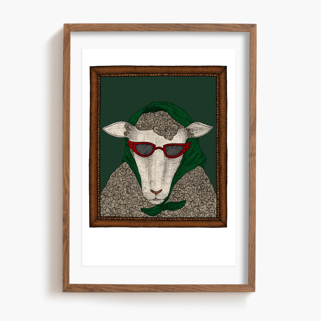Framed artwork of a sheep wearing sunglasses and a green hood on a white background