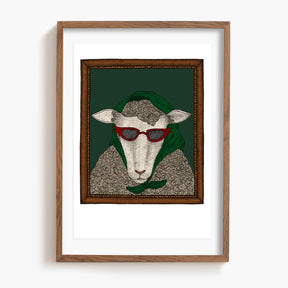 Framed artwork of a sheep wearing sunglasses and a green hood on a white background