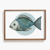 Framed artwork of a fish with a wooden frame on a white background