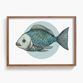 Framed artwork of a fish with a wooden frame on a white background