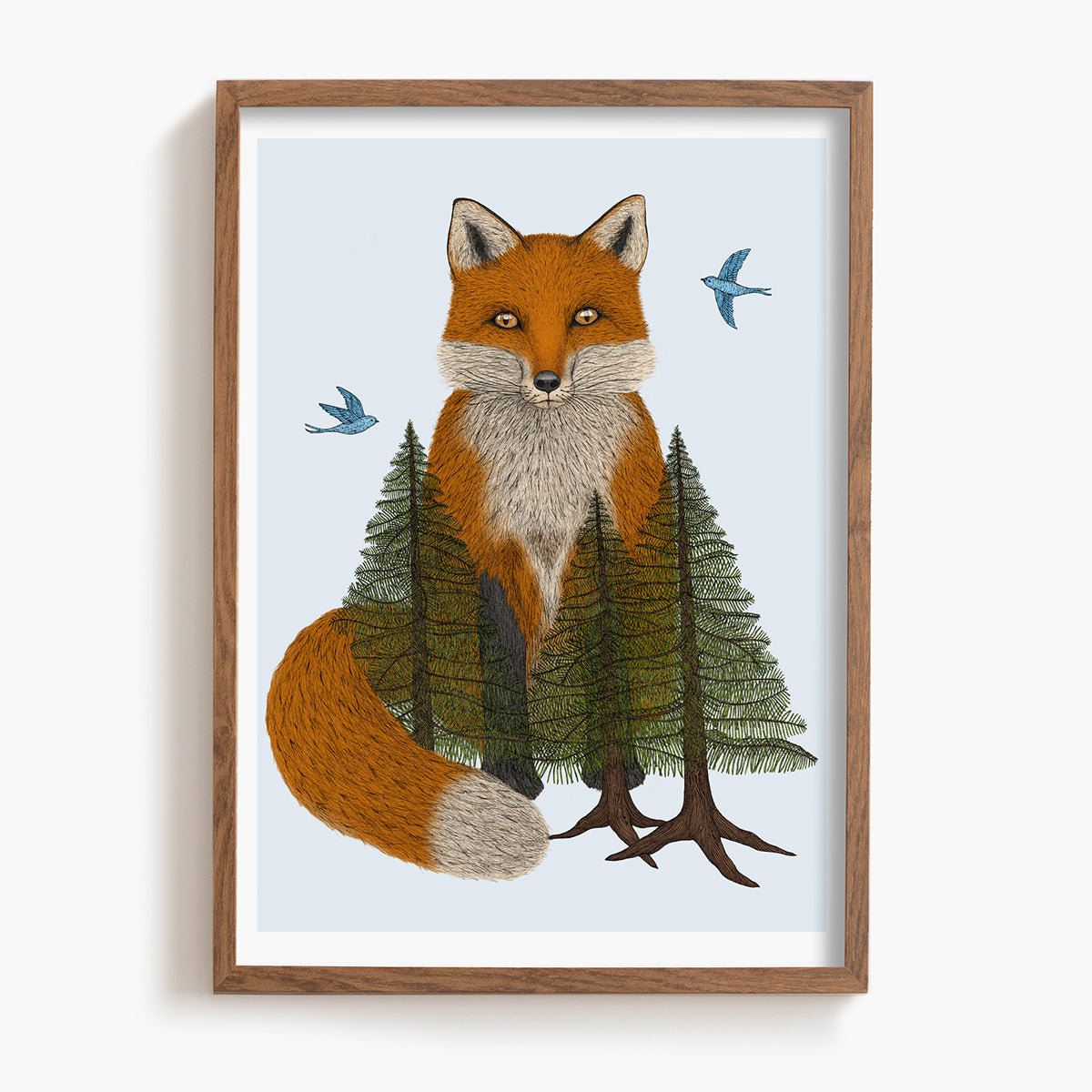 Framed artwork of a fox among trees with birds on a blue background in a frame