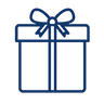 Navy blue icon of a gift box with a bow on a white background