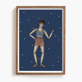 Framed artwork of a marionette against a blue background with red and white dots.