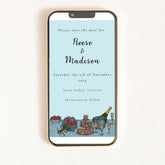 A digital invitation displayed on a smartphone with a blue background and an illustration of a cake and wine glasses.
