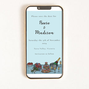 A digital invitation displayed on a smartphone with a blue background and an illustration of a cake and wine glasses.