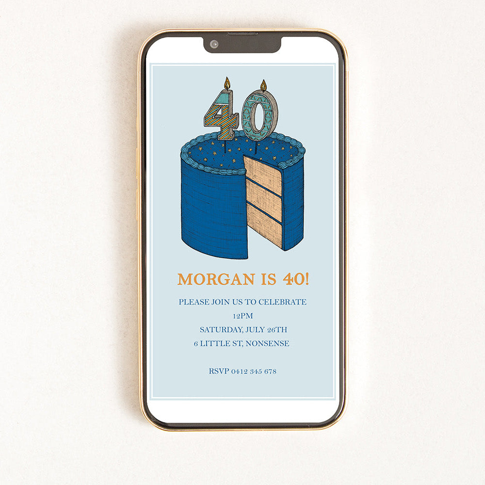 Digital invitation for a 40th birthday with an illustration of a cake