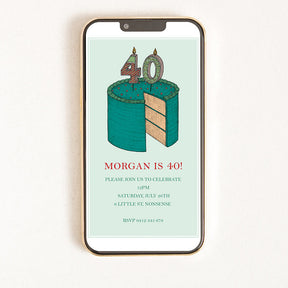 Digital invitation for a 40th birthday with an illustration of a cake