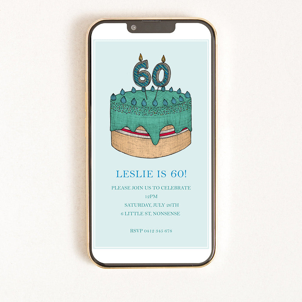 A digital invitation on a smartphone screen featuring a design with a 60th birthday cake 