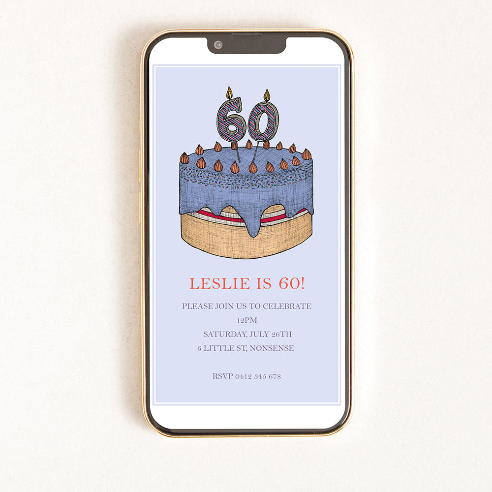 A digital invitation on a smartphone screen featuring a design with a 60th birthday cake 