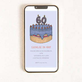 A digital invitation on a smartphone screen featuring a design with a 60th birthday cake 