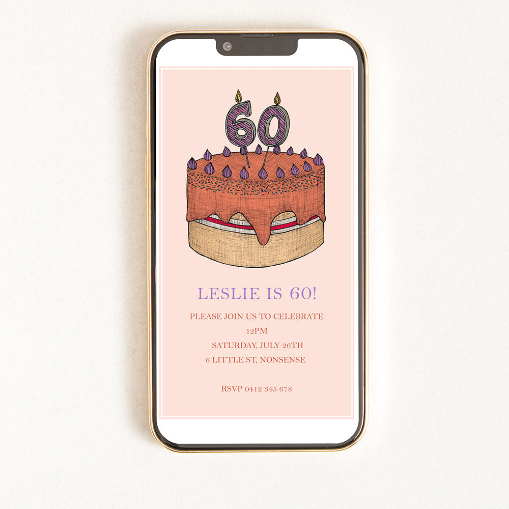A digital invitation on a smartphone screen featuring a design with a 60th birthday cake 