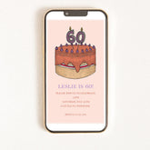 A digital invitation on a smartphone screen featuring a design with a 60th birthday cake 