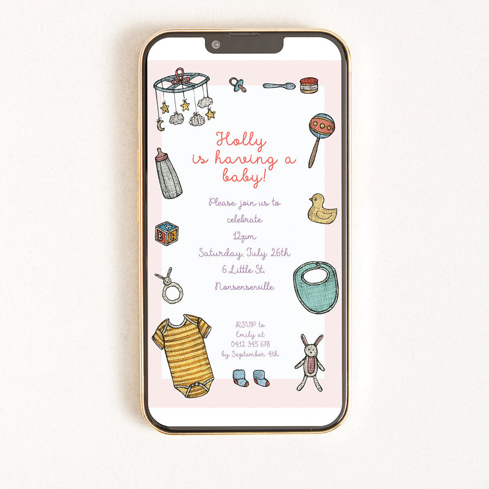 Digital invitation for a baby shower featuring illustrations of cute baby objects.