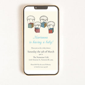 Digital invitation for a baby shower with an illustration of parachutes and baby blocks