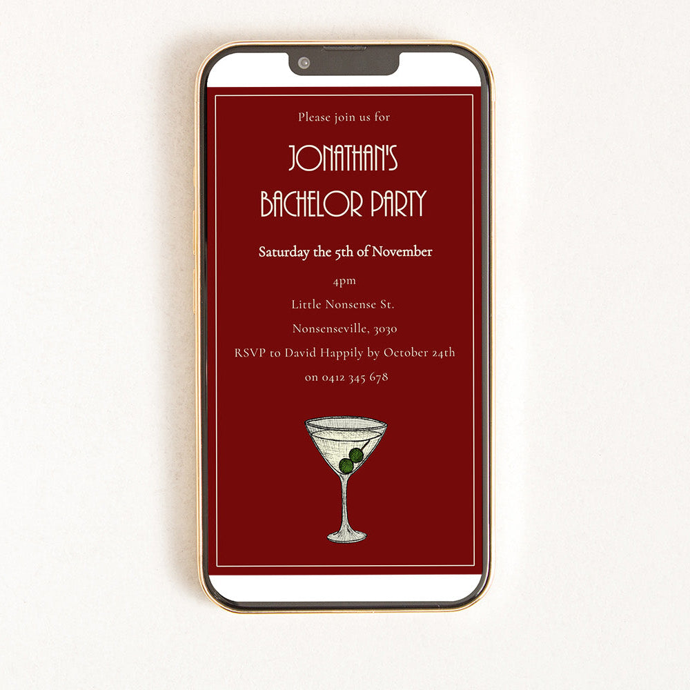 Digital invitation of a bachelor party with an illustration of a martini