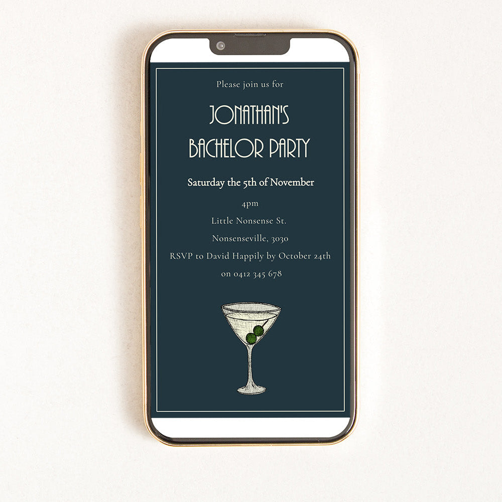 Digital invitation of a bachelor party with an illustration of a martini