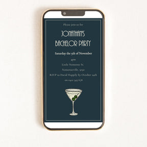 Digital invitation of a bachelor party with an illustration of a martini