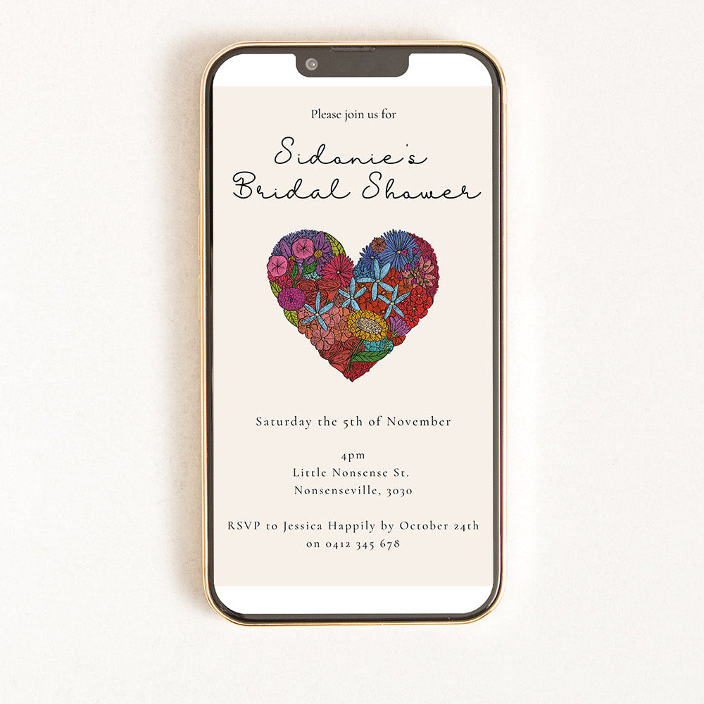 A digital bridal shower invitation with an illustration of a floral heart