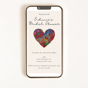 A digital bridal shower invitation with an illustration of a floral heart