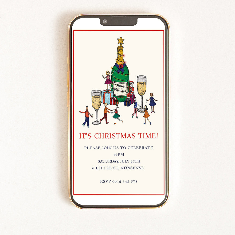 Digital Christmas party invitation with an illustration of people dancing around a champagne bottle.