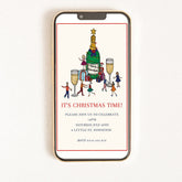 Digital Christmas party invitation with an illustration of people dancing around a champagne bottle.