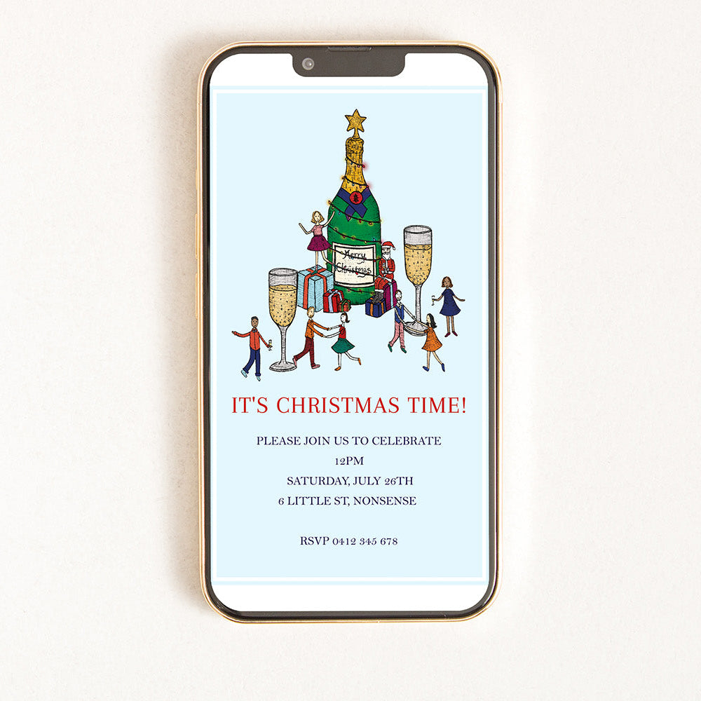 Digital invitation for a Christmas party with an illustration of people dancing around a champagne bottle