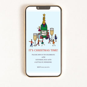 Digital invitation for a Christmas party with an illustration of people dancing around a champagne bottle