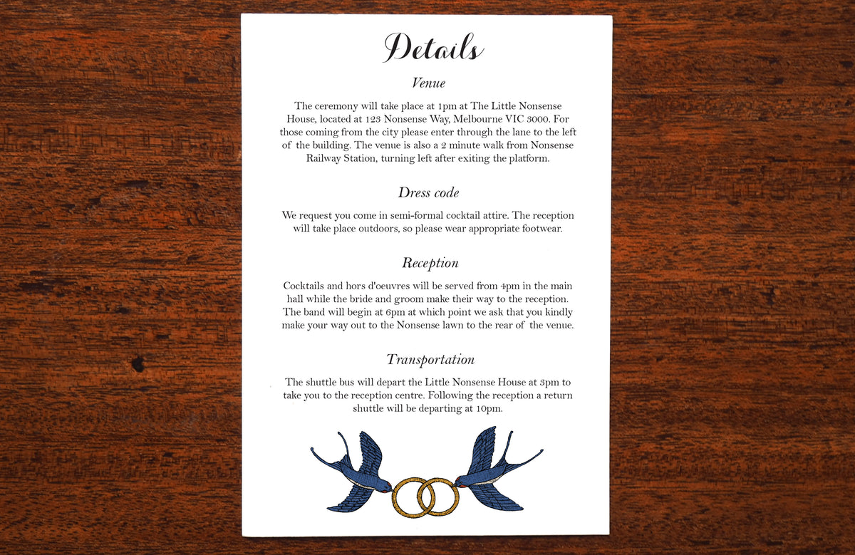 Flying Swallows - Wedding Details