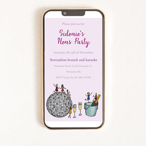Digital hens party invitation with a disco illustration