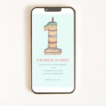 A digital invitation on a smartphone screen featuring a colourful illustration of a number one shaped birthday cake