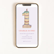 A digital invitation on a smartphone screen featuring a colourful illustration of a number one shaped birthday cake