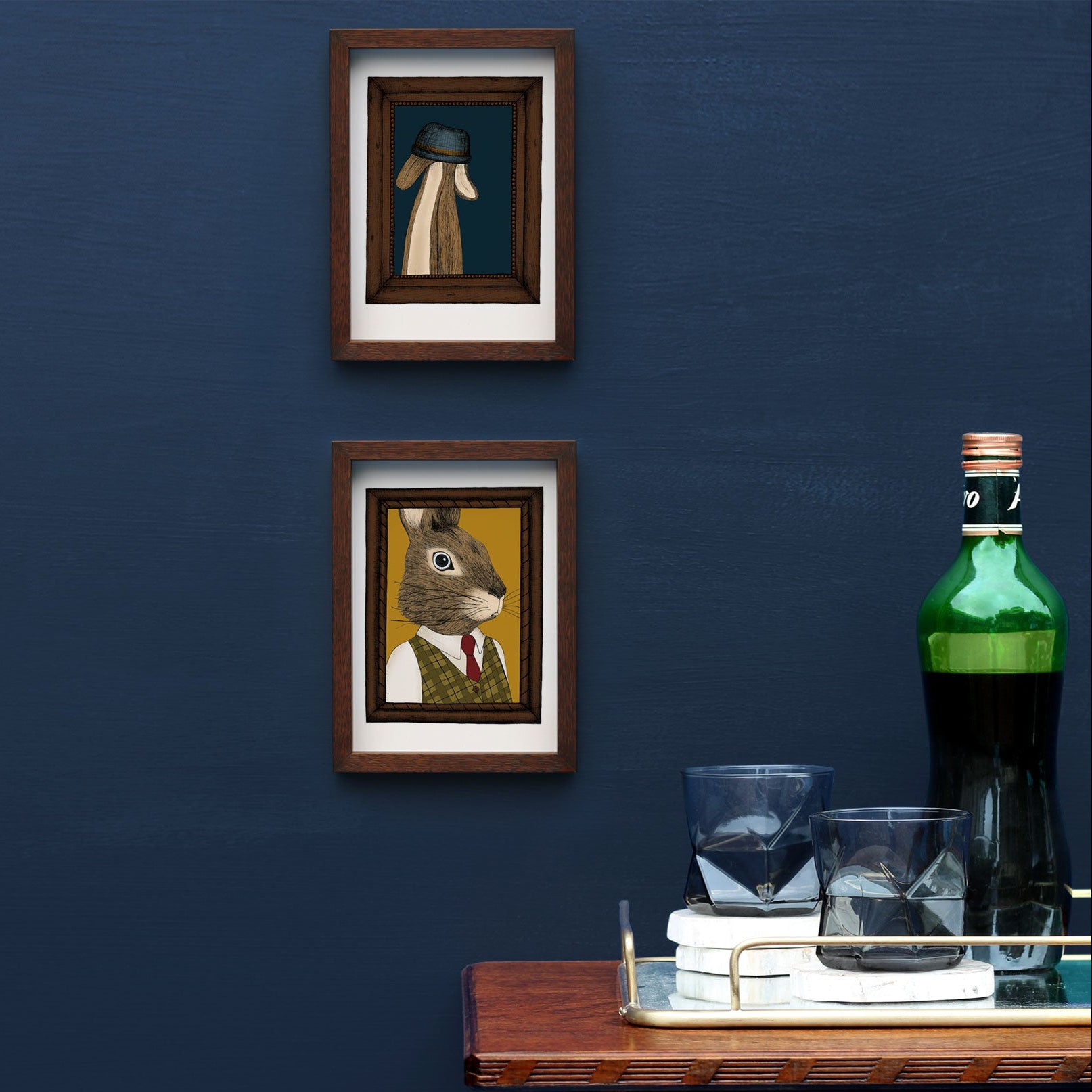 Harvey the rabbit art framed on a blue wall