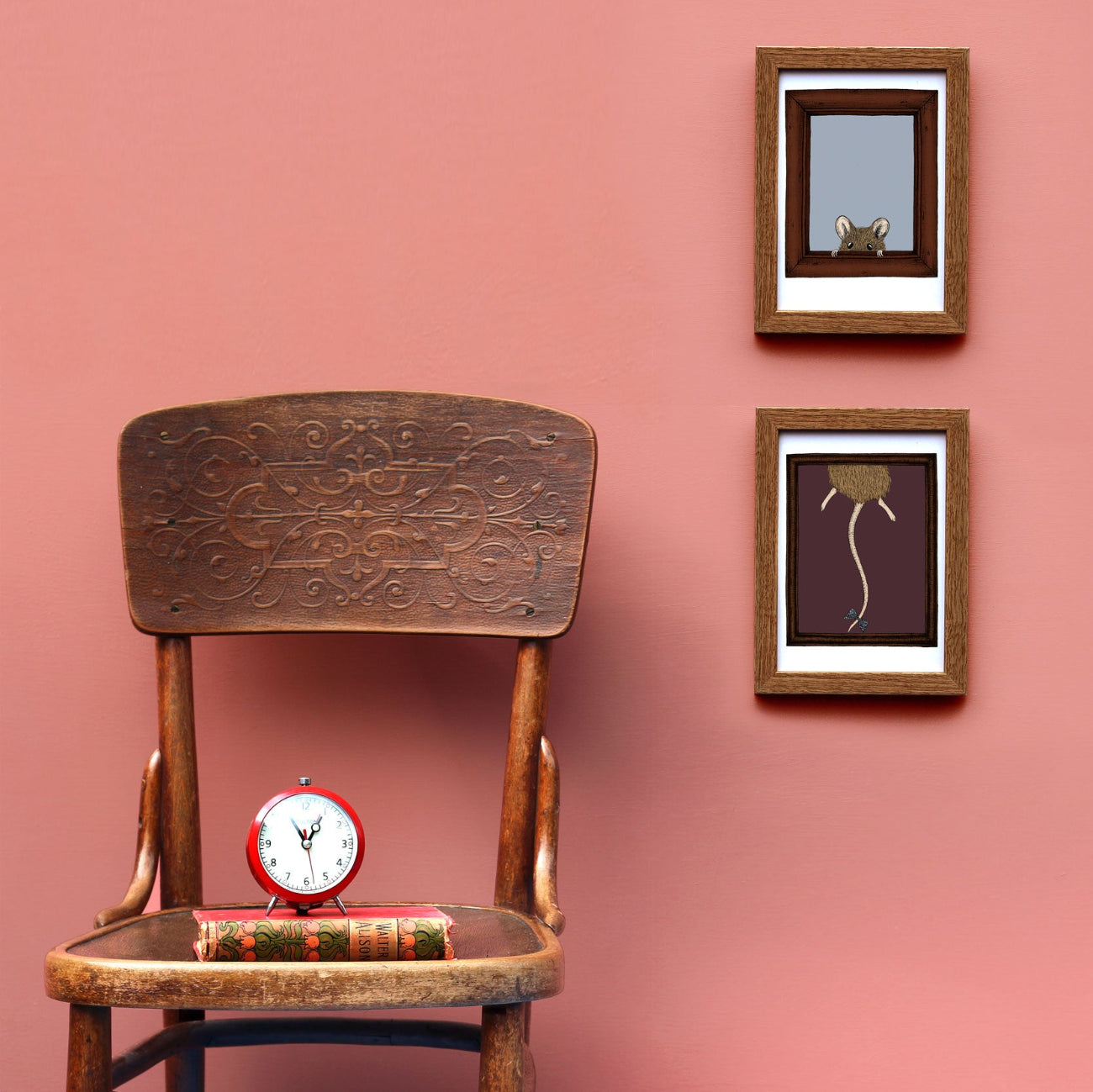 Marlon the mouse artwork framed on a pink wall