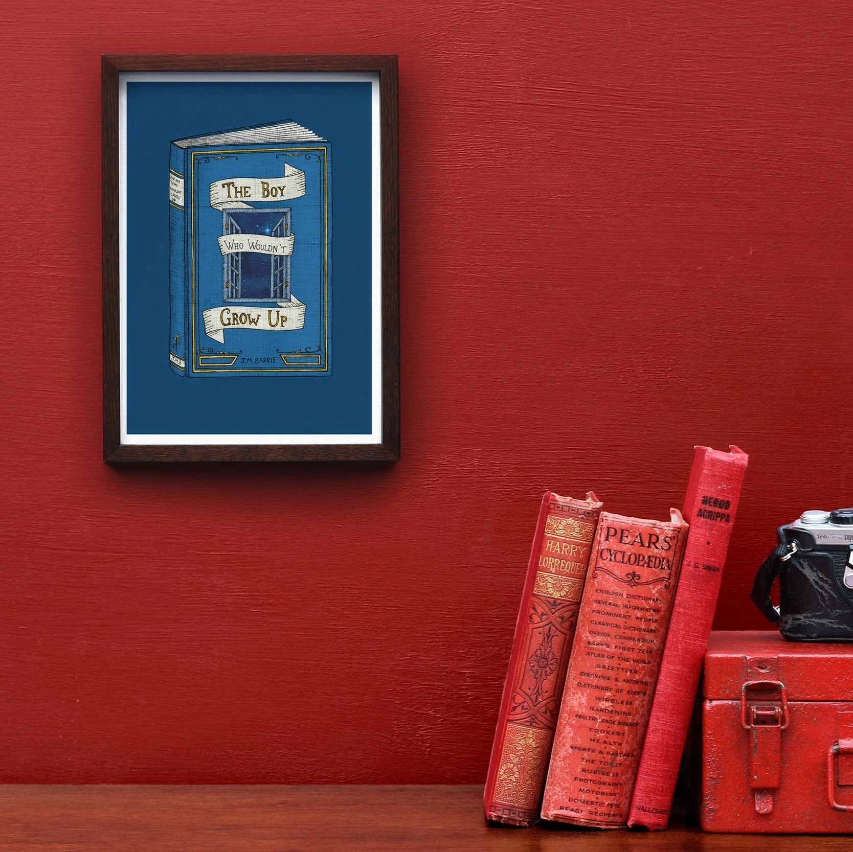 Peter Pan art print framed on a red wall