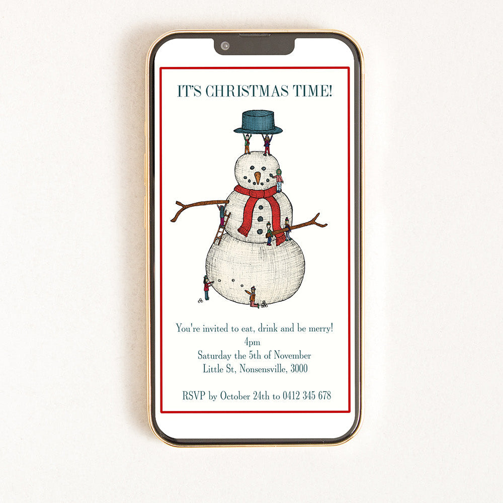 A digital invitation on a smartphone screen featuring an illustration of a snowman.