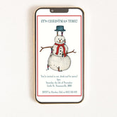A digital invitation on a smartphone screen featuring an illustration of a snowman.