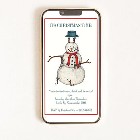 A digital invitation on a smartphone screen featuring an illustration of a snowman.