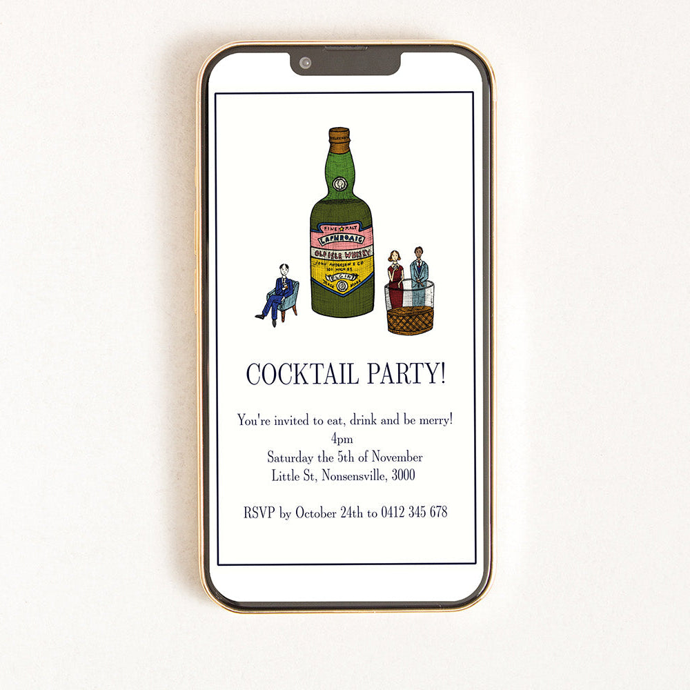 A digital invitation for a cocktail party with a illustration of a bottle of whisky and a cocktail glass on the front, along with text that reads 'Whisky Cocktail Party! 