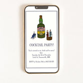 A digital invitation for a cocktail party with a illustration of a bottle of whisky and a cocktail glass on the front, along with text that reads 'Whisky Cocktail Party! 