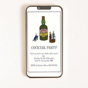 A digital invitation for a cocktail party with a illustration of a bottle of whisky and a cocktail glass on the front, along with text that reads 'Whisky Cocktail Party! 